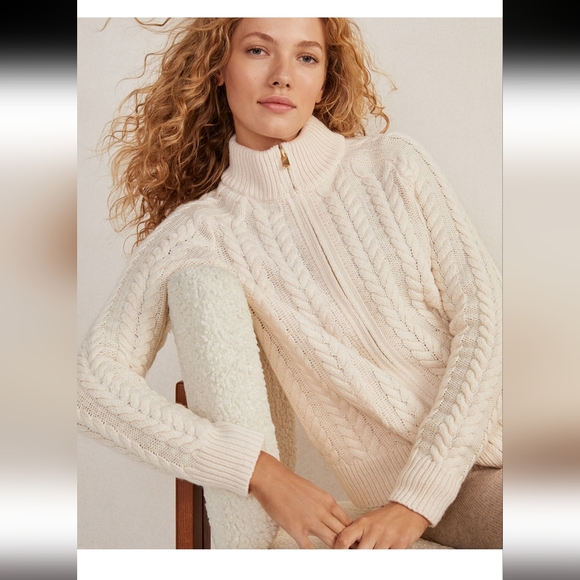 Talbots Ivory Cable Knit Zip Up Cardigan - Long Sleeve Top Jacket - Picture 2 of 11